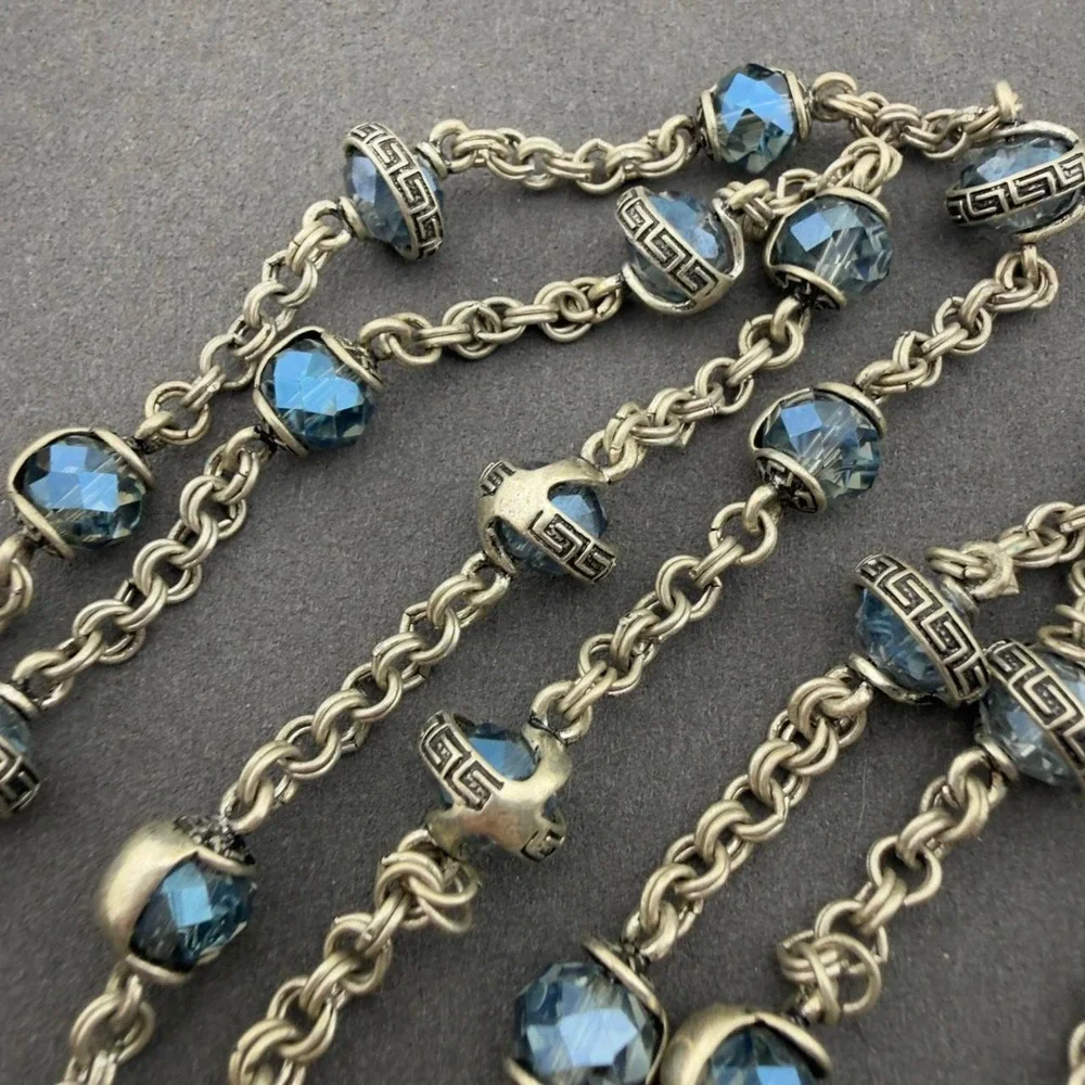 Premier Designs Greek Key Station Necklace Blue Crystal Long Layering Silver